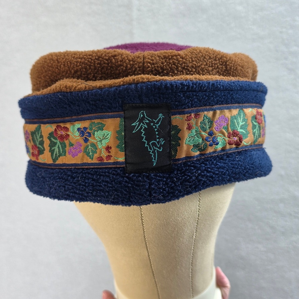 Vintage Horny Toad Gorpcore Fleece Pillbox Hat Large Floral Navy Brown USA